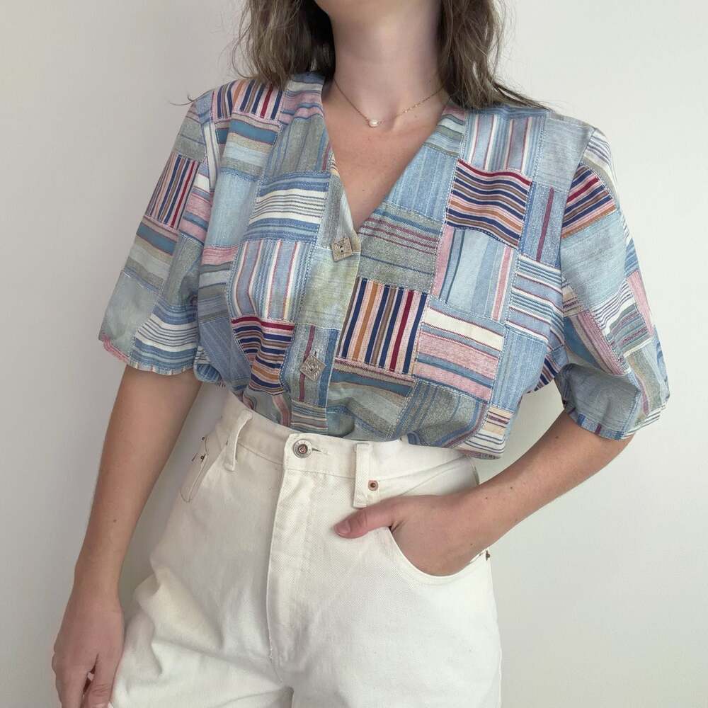 Vintage Patchwork Button-Up Blouse